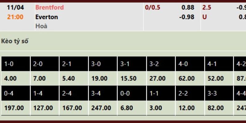 Dự đoán tỷ lệ chi tiết Brentford vs Everton